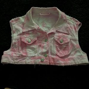 Pink & white Destressed and bleached half girls denim jacket size small
